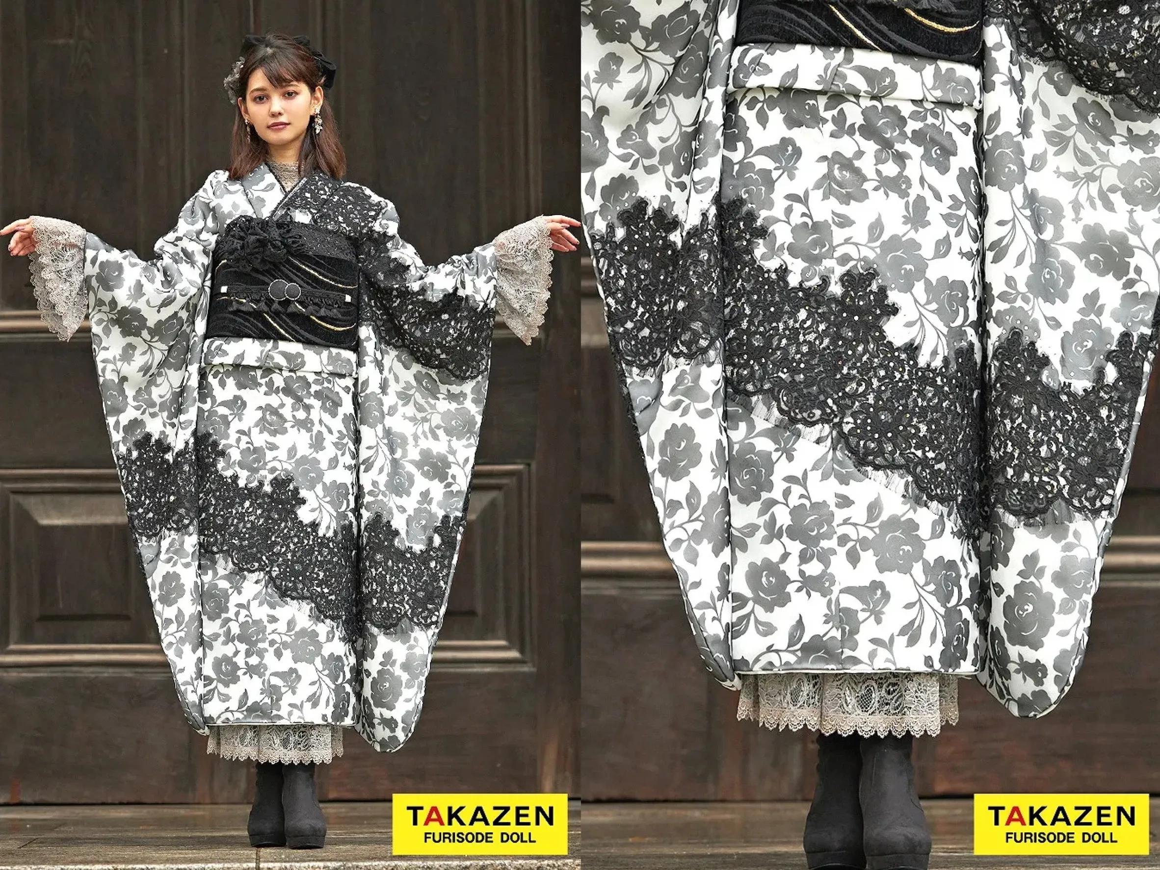 TAKAZEN奈良店 振袖レンタル奈良 成人式振袖 ニュースタイルデビュー“ブラックレーベル” 白/黒 最高級リバーレース セレブ レース小物コーデ ヒールコーデ オーガンジー振袖 【通販可】24078