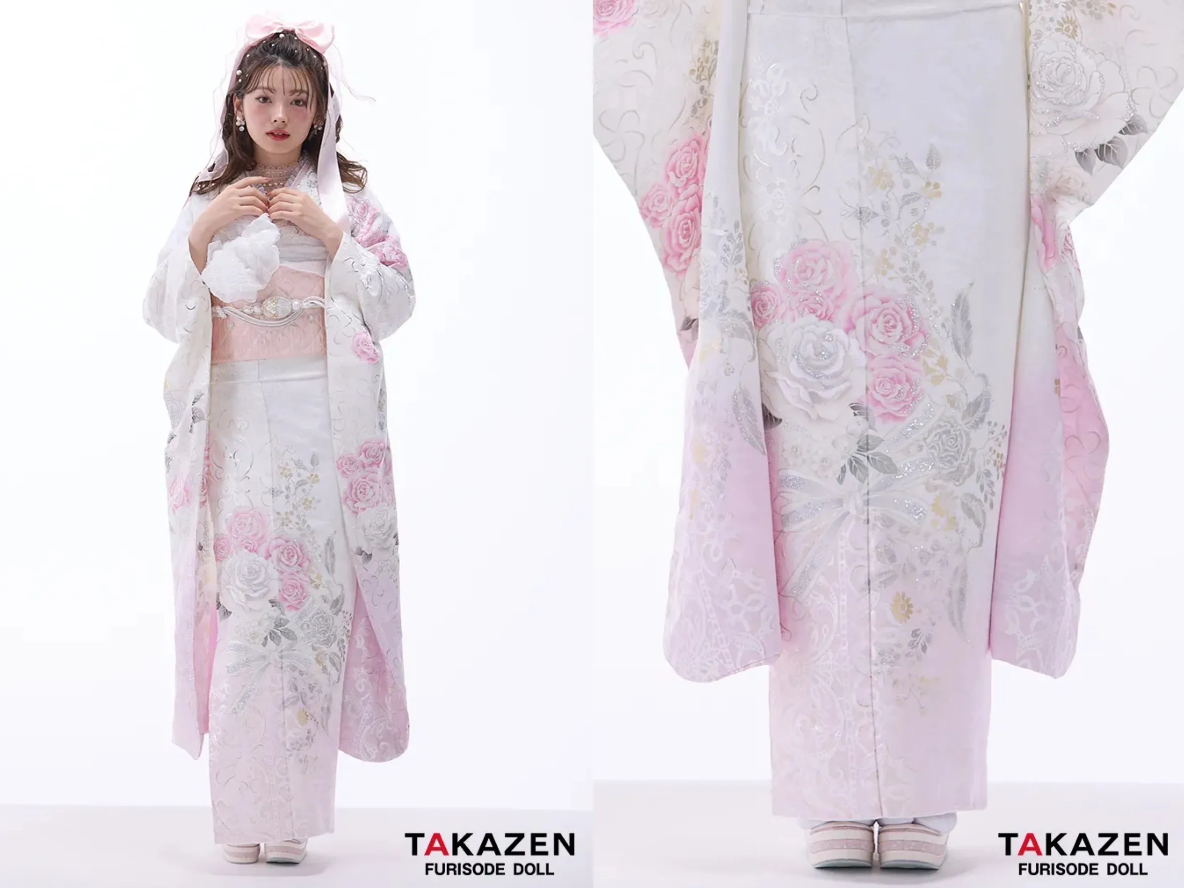 振袖　レンタル　奈良　振袖安い　最新作ヘップバーンローズ　白/ピンク　バラ柄/リボン柄　かわいい振袖　透明感　リボンアレンジ　キラキラスワロフスキー付き　南琴奈【通販可】26009