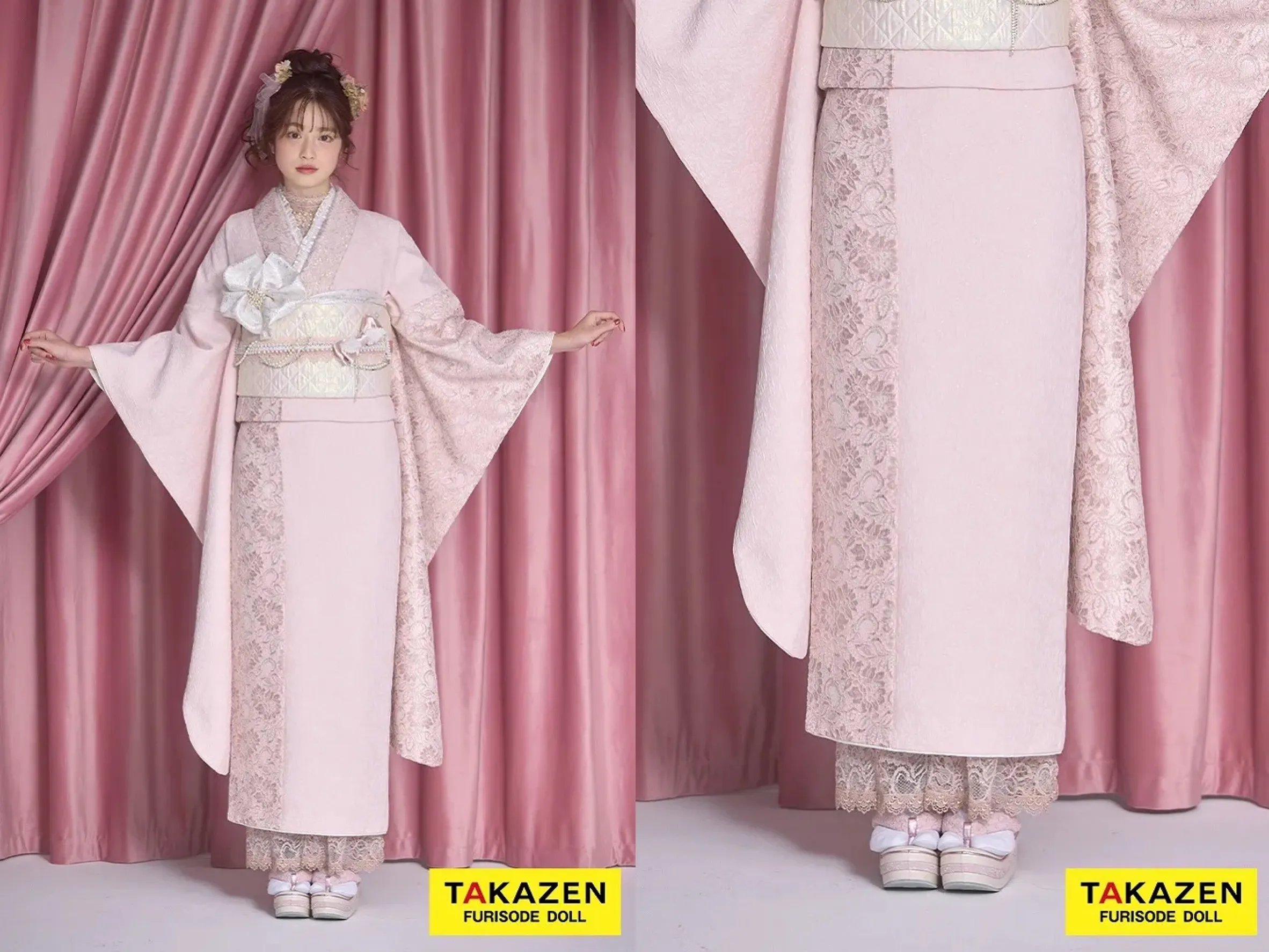 TAKAZEN奈良店 振袖レンタル奈良 成人式振袖 最新作くすみカラーガーリー ピンク/淡い色 無地 レース/ジャガード生地 かわいい振袖 フェミニン 量産型 レースインナーコーデ 葛西杏也菜【通販可】26055