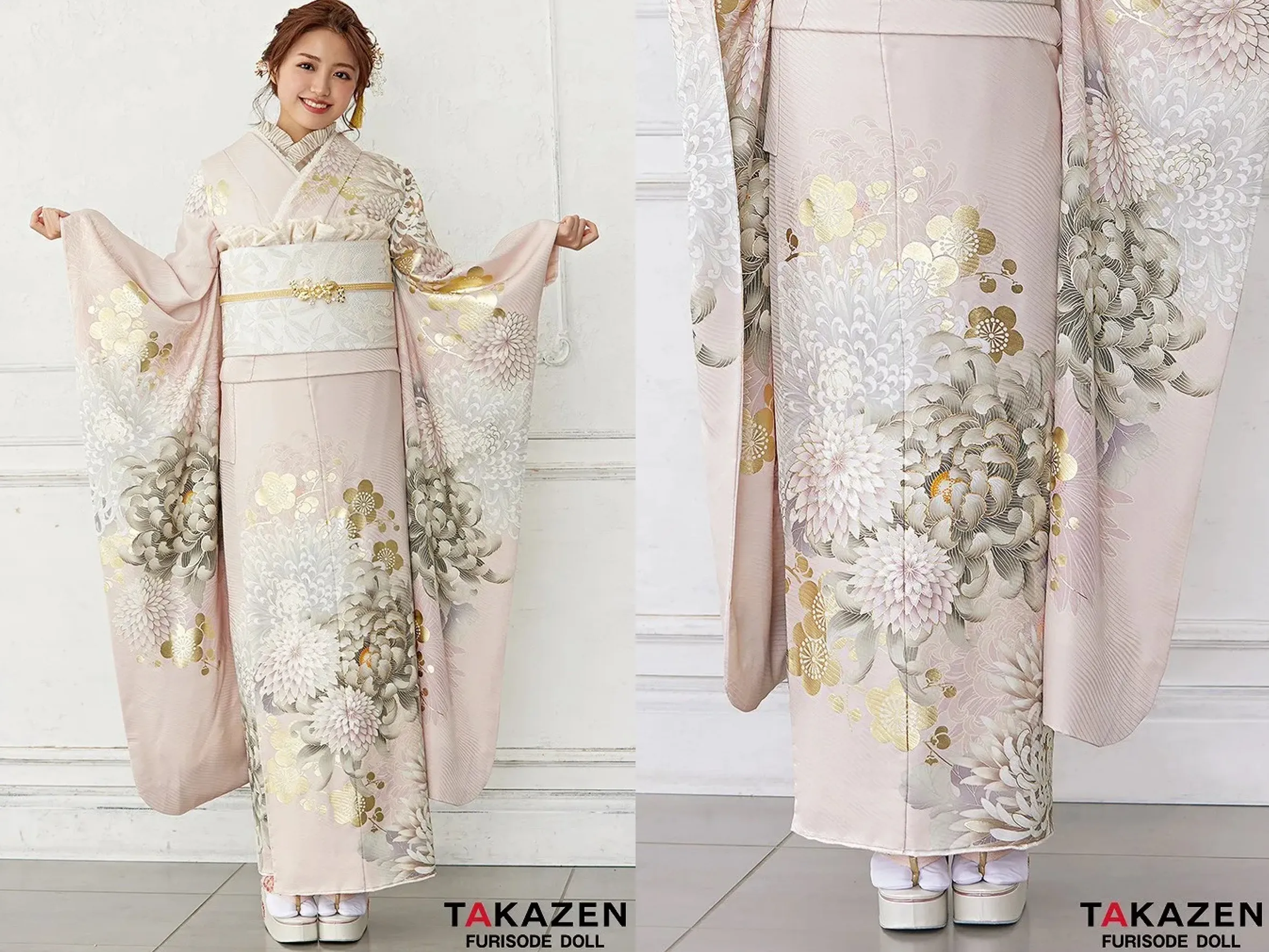 TAKAZEN奈良店 振袖レンタル奈良 成人式振袖 くすみカラー古典 淡色/薄ピンク/パステルカラー 乱菊柄/古典柄 かわいらしい振袖 香音(かのん)ちゃん 優しい色【通販可】24021