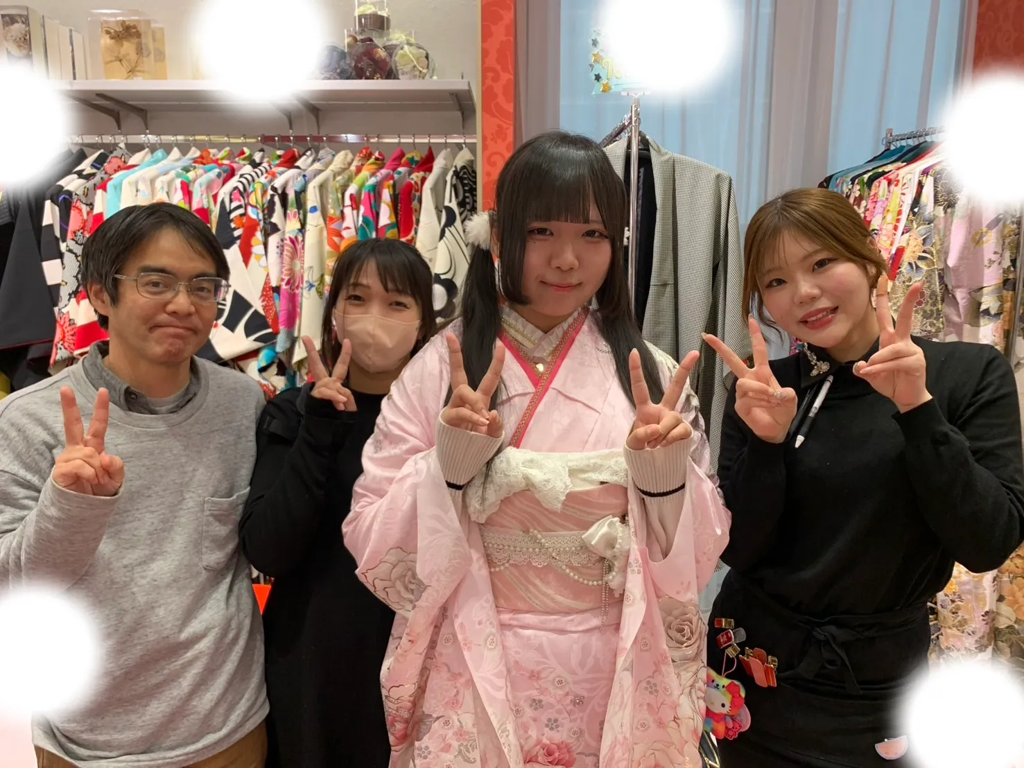 成人式　前撮り　梅田　白　振袖レンタル　ピンク