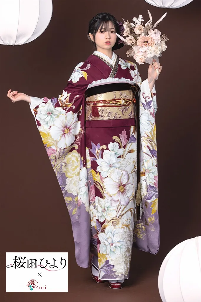 TAKAZENのレンタル振袖 桜田ひより×aoiブランド振袖　ワインレッド/エンジ/薄紫　大柄　豪華　目立つ　人とかぶらない振袖【通販可】K1172