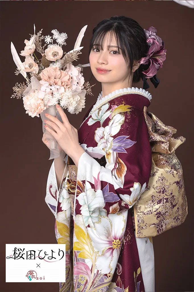 TAKAZENのレンタル振袖 桜田ひより×aoiブランド振袖　ワインレッド/エンジ/薄紫　大柄　豪華　目立つ　人とかぶらない振袖【通販可】K1172