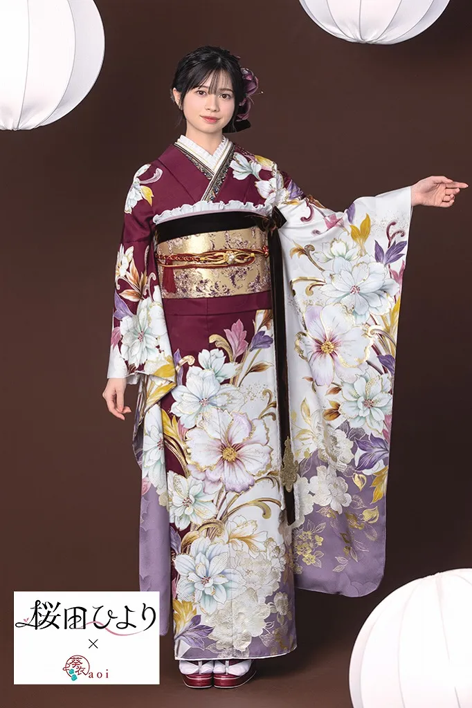 TAKAZENのレンタル振袖 桜田ひより×aoiブランド振袖　ワインレッド/エンジ/薄紫　大柄　豪華　目立つ　人とかぶらない振袖【通販可】K1172