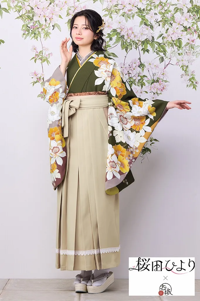 TAKAZENのレンタル袴 桜田ひより×志織ブランド袴　カーキ/黄色　古典柄　おしとやか　清楚　上品　落ち着いた印象【通販可】R26013