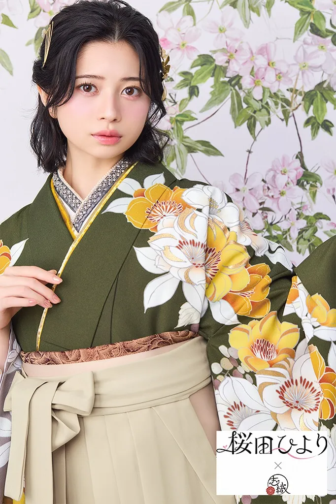 TAKAZENのレンタル袴 桜田ひより×志織ブランド袴　カーキ/黄色　古典柄　おしとやか　清楚　上品　落ち着いた印象【通販可】R26013