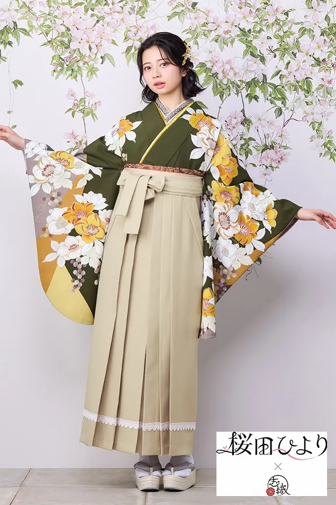 TAKAZENのレンタル袴 桜田ひより×志織ブランド袴　カーキ/黄色　古典柄　おしとやか　清楚　上品　落ち着いた印象【通販可】R26013