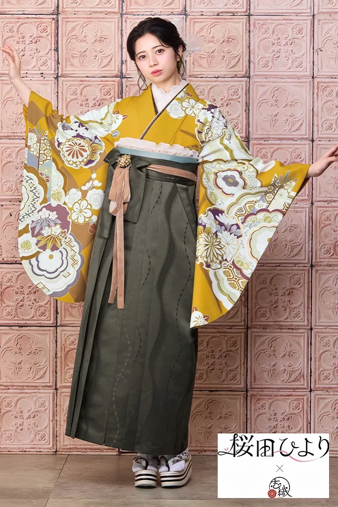 TAKAZENのレンタル袴 桜田ひより×志織ブランド袴　からし/マスタード　古典柄　おしとやか　清楚　上品　落ち着いた印象【通販可】R26014