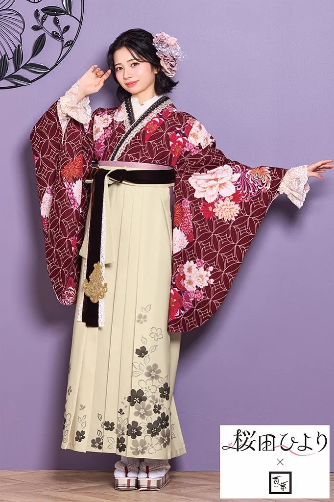 TAKAZENのレンタル袴 桜田ひより×志織ブランド袴　エンジ　七宝柄/古典柄　華やか　先生におすすめ　上品【通販可】R26015