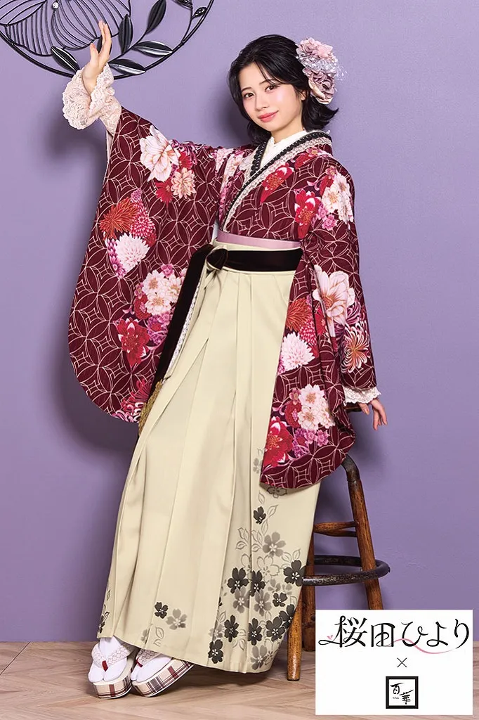 TAKAZENのレンタル袴 桜田ひより×志織ブランド袴　エンジ　七宝柄/古典柄　華やか　先生におすすめ　上品【通販可】R26015
