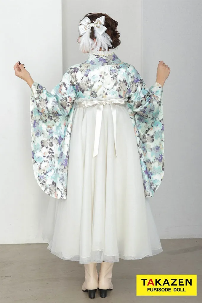 TAKAZENのレンタル袴 くすみカラーガーリー　水色/淡い色　チュール素材　ドレス袴　かわいい　フェミニン　ブーツスタイル【通販可】R26018