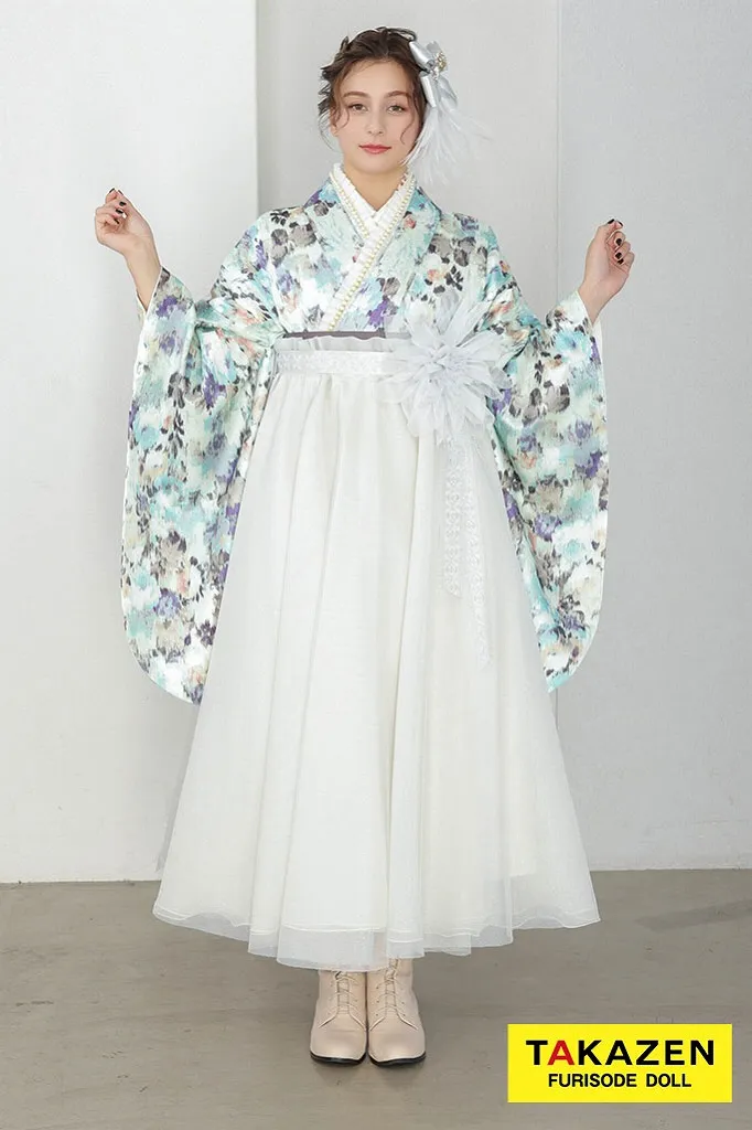 TAKAZENのレンタル袴 くすみカラーガーリー　水色/淡い色　チュール素材　ドレス袴　かわいい　フェミニン　ブーツスタイル【通販可】R26018