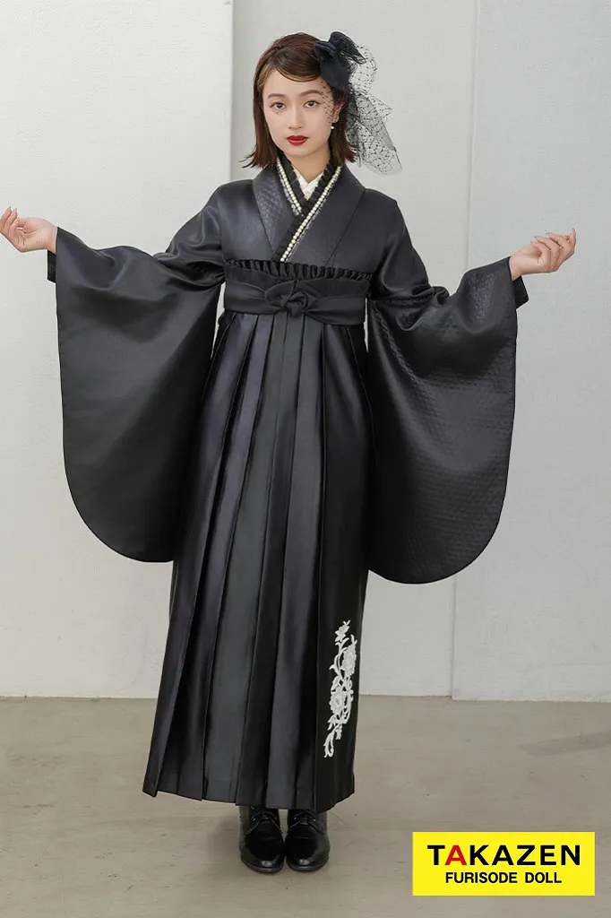 TAKAZENのレンタル袴 ヴィンテージスタイル　黒　レザー素材　かっこいい　大人っぽい　スタイリッシュ　ブーツスタイル【通販可】R26019※刺繍はついてまいりません