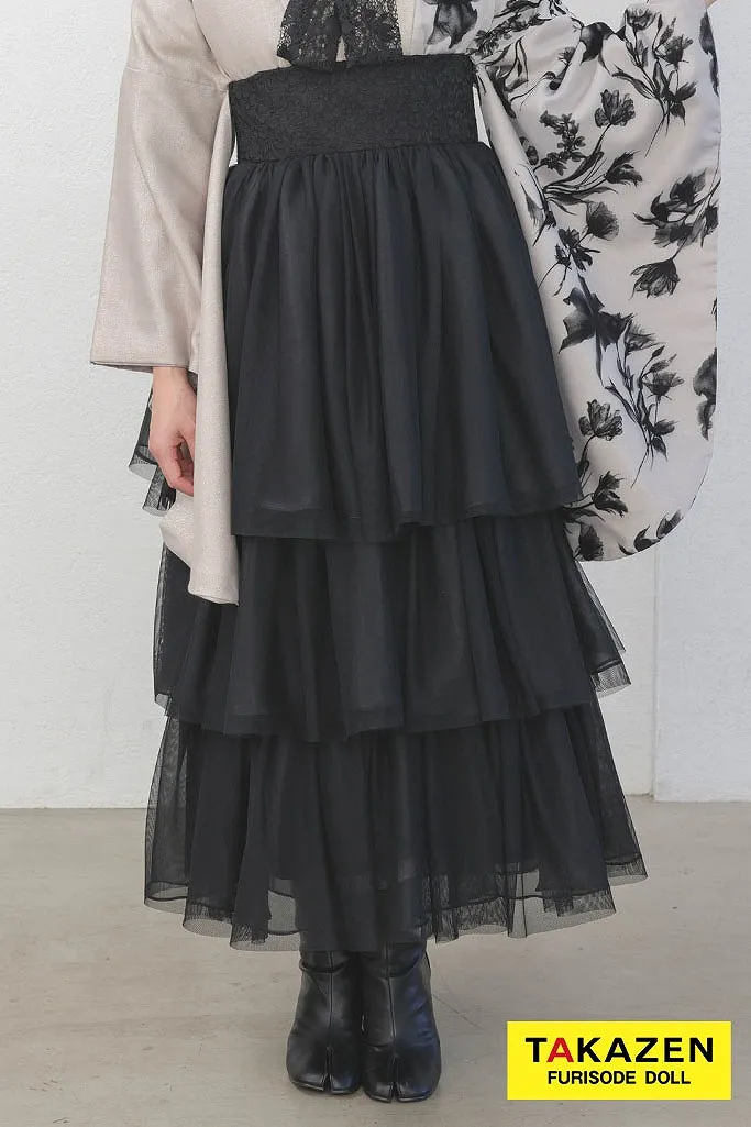 TAKAZENのレンタル袴 ヴィンテージスタイル　ベージュ/黒　フロッキー素材　ドレス袴　フリル　おしゃれ　人とかぶらない　ブーツコーデ【通販可】R26021