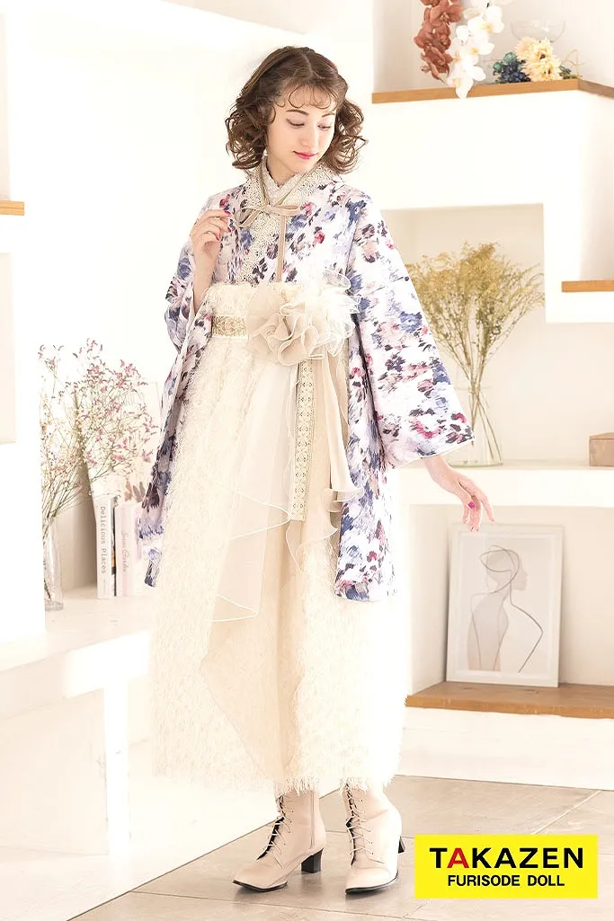 TAKAZENのレンタル袴 くすみカラーガーリー　薄紫/淡い色　シャギー素材　ドレス袴　おしゃれ　人とかぶらない　かわいい　ブーツコーデ【通販可】R26022