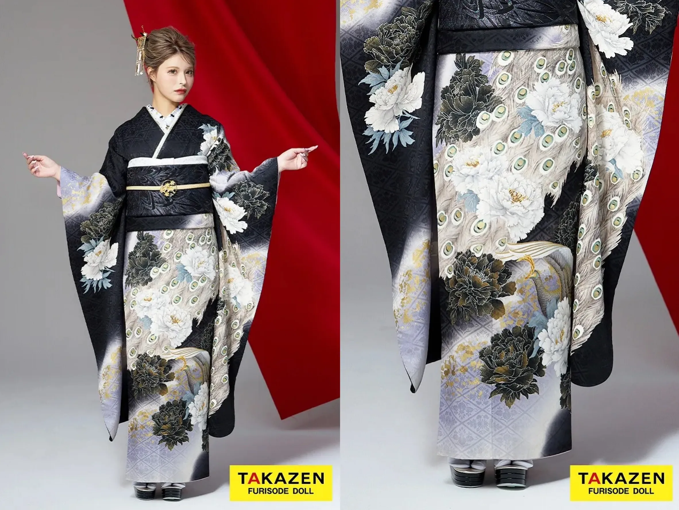 TAKAZEN奈良店 振袖レンタル奈良 木津川市 関西 レンタル奈良 ジャパンモード 黒/グレー 孔雀柄 大人っぽい かっこいい着こなし振袖 渋い クール 極妻風 今井アンジェリカ【通販可】32147