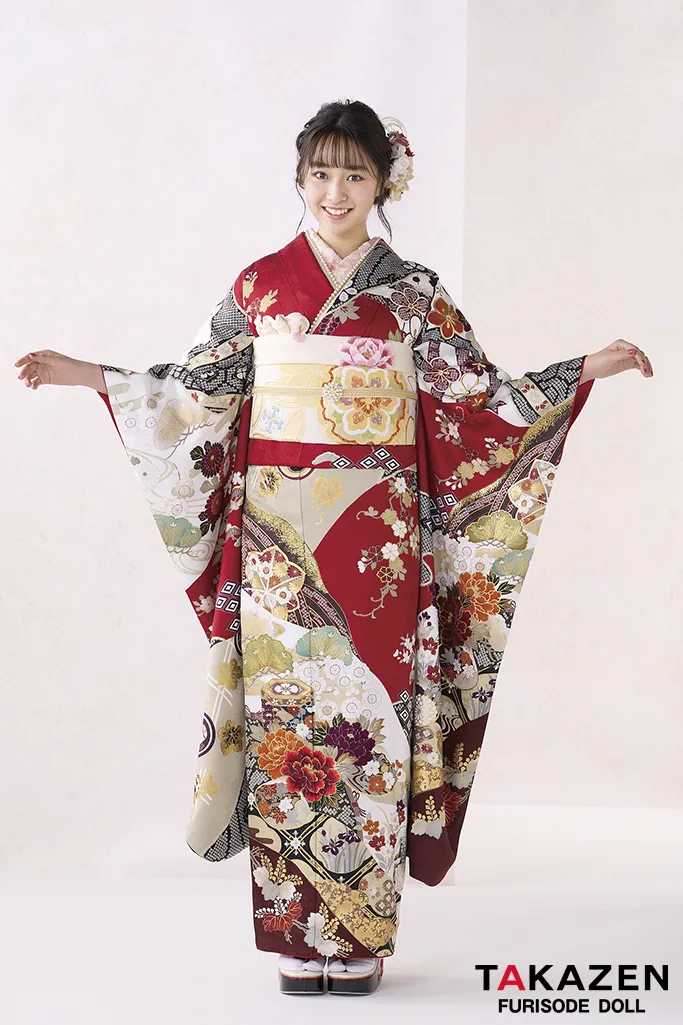 振袖レンタル　奈良　橿原　かわいい　おしゃれ　個性派　かわいい　かっこいい　くすみ　イマドキ　　正統派古典　赤/白　貝桶柄/牡丹柄　金彩金駒刺繍京友禅　定番　上品　綺麗　かわいい　清楚　柄小さめ　藤岡舞衣【通販可】25058