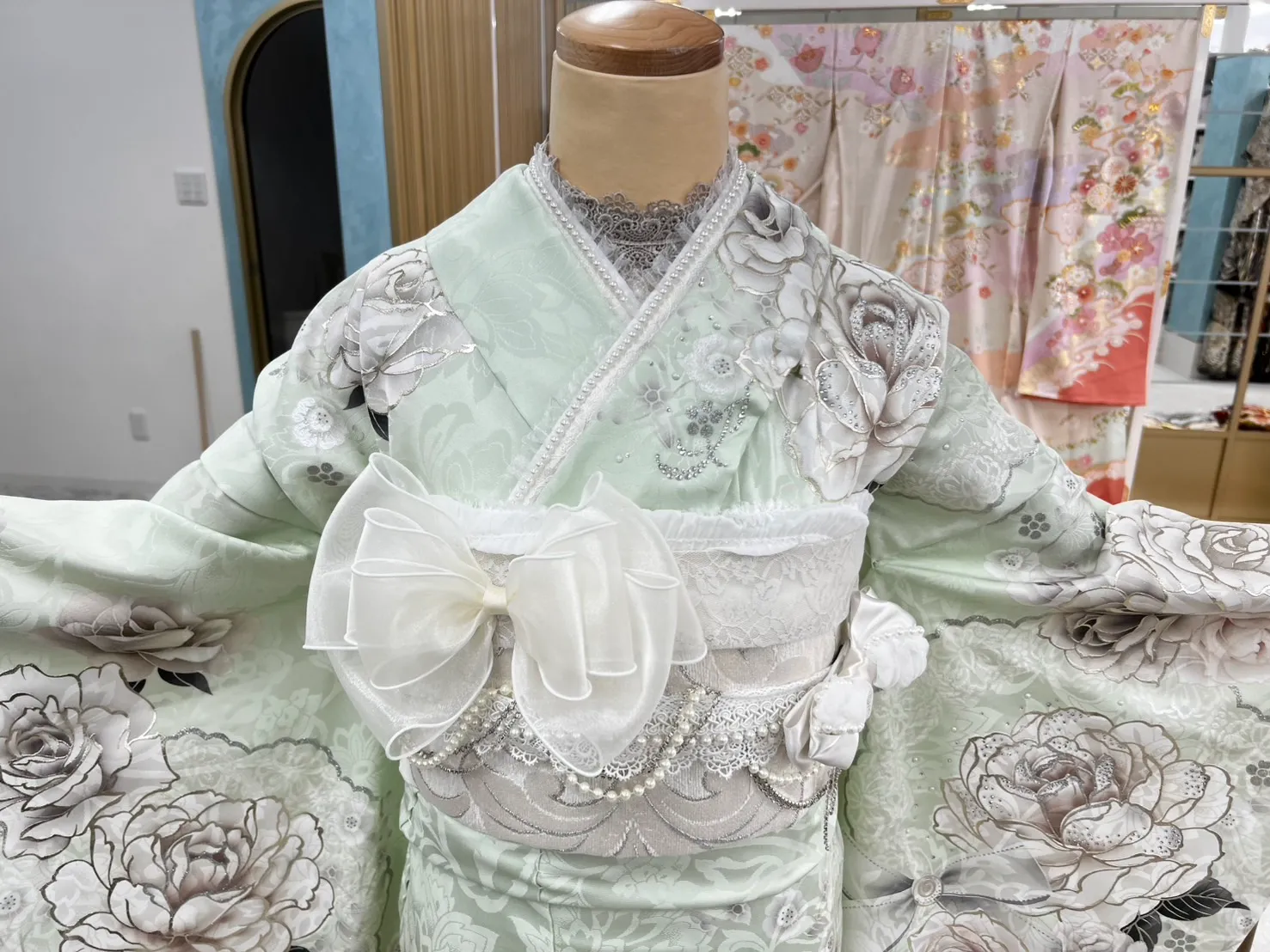 振袖レンタル　成人式　なんば　心斎橋かわいい人気タカゼンオリジナルお洒落ミントグリーン