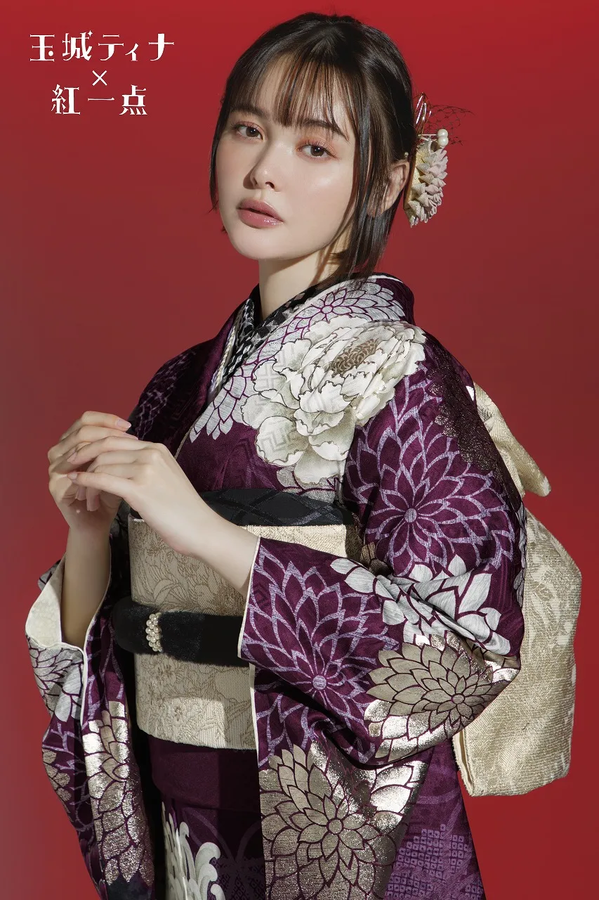 TAKAZENのレンタル振袖 玉城ティナ×紅一点ブランド振袖　ワインレッド/紫　大柄/乱菊　豪華　大人っぽい　古典柄　目立つ　かっこいい【通販可】K1181