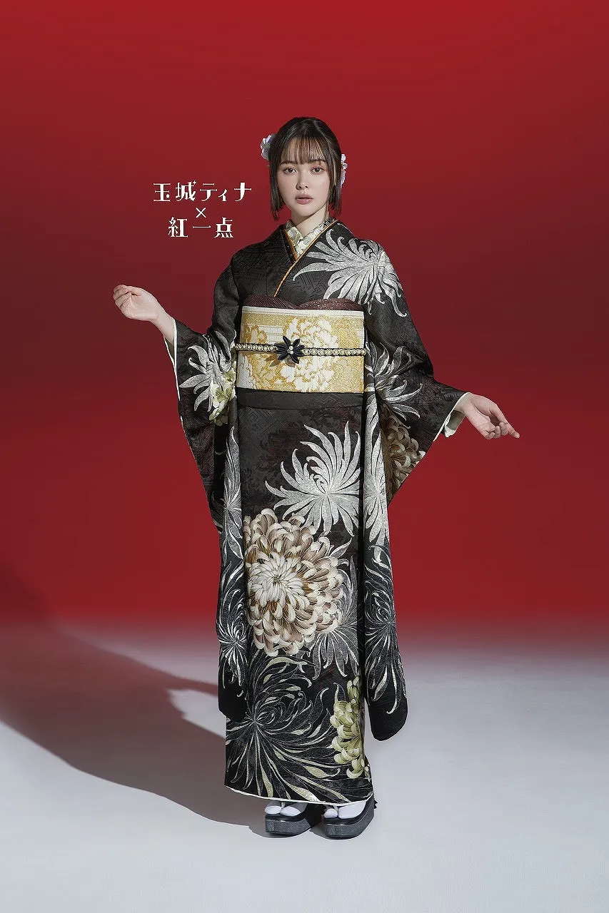 TAKAZENのレンタル振袖 玉城ティナ×紅一点ブランド振袖　ダークブラウン/ダスティーカラー　乱菊/大柄　個性的　大人っぽい　垢抜け【通販可】K1187
