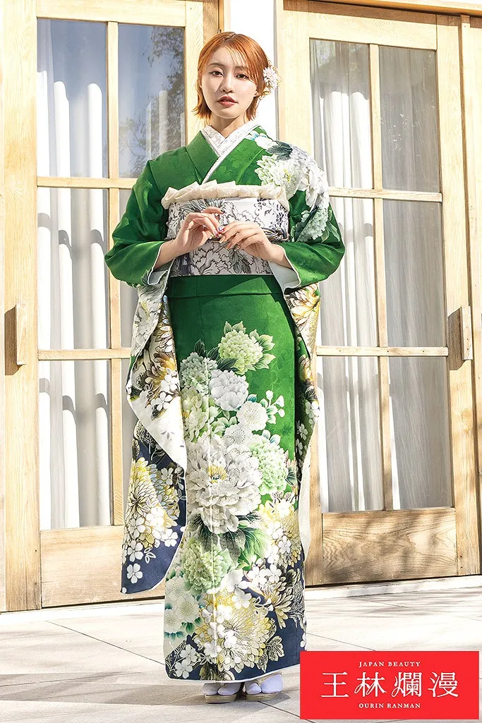 TAKAZENのレンタル振袖 王林爛漫ブランド振袖　緑　牡丹柄　爽やか　綺麗系　大人っぽい　王道古典柄　清楚　おしとやか【通販可】K1189