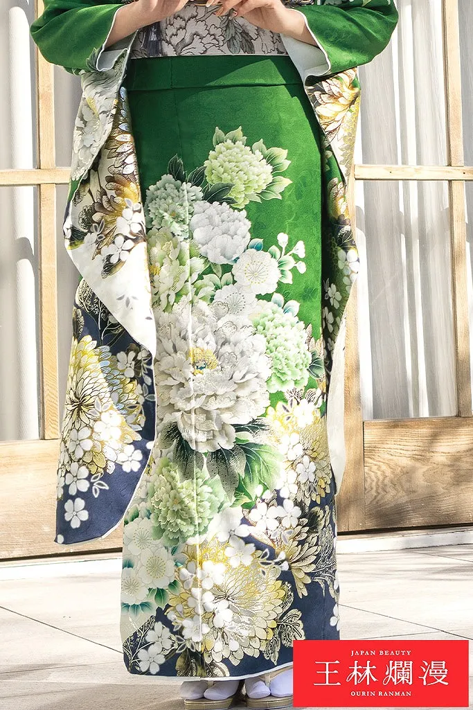TAKAZENのレンタル振袖 王林爛漫ブランド振袖　緑　牡丹柄　爽やか　綺麗系　大人っぽい　王道古典柄　清楚　おしとやか【通販可】K1189