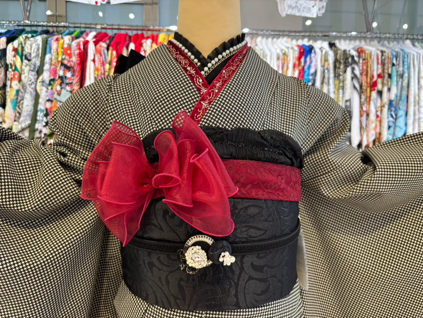 成人式　振袖レンタル　安カワ　千鳥格子　モノトーン　個性派　オシャレ