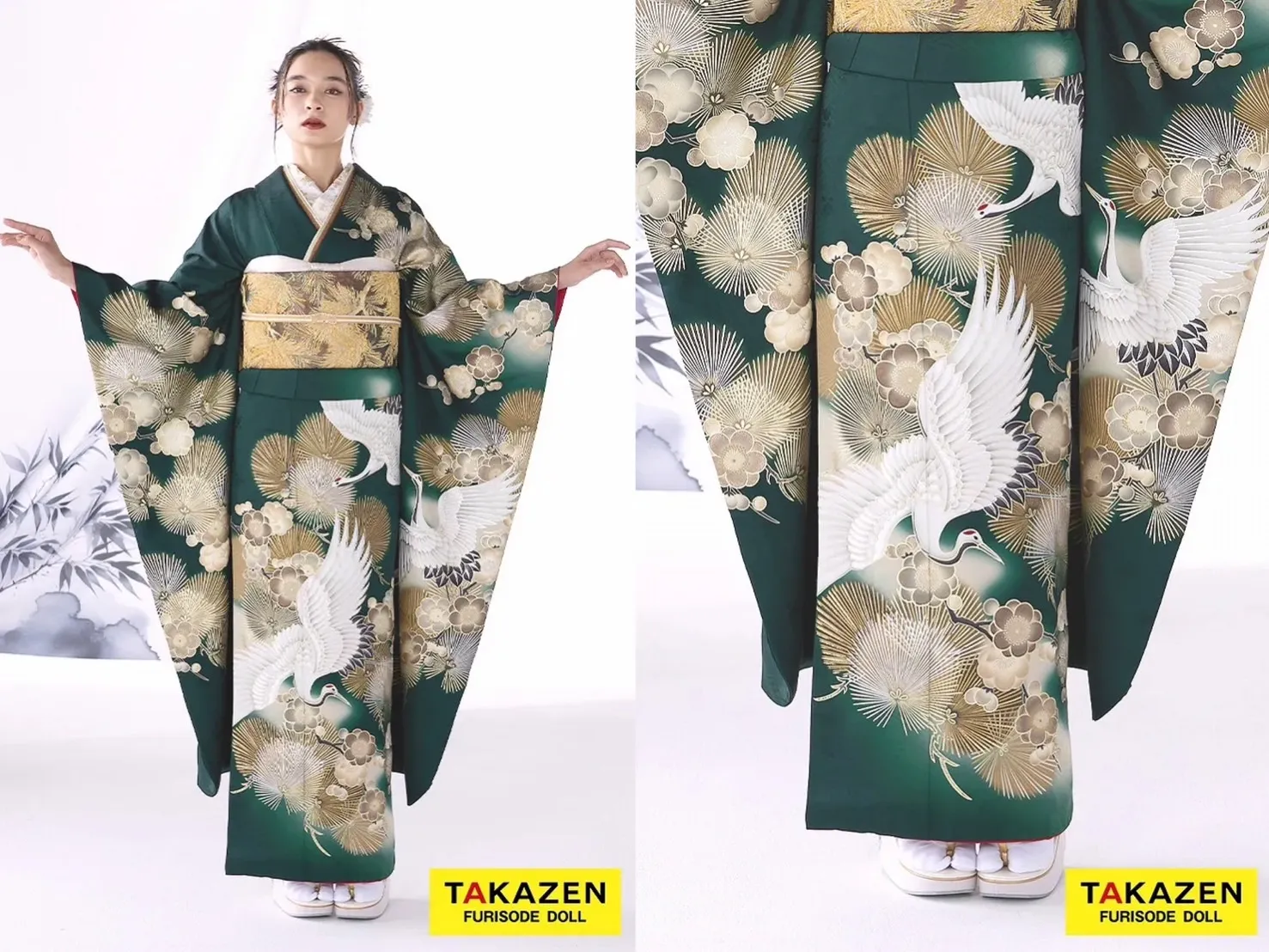 振袖　レンタル　奈良　帯　可愛い　アレンジ　華やか　綺麗　粋古典　緑/金/グリーン　鶴柄/針松柄　金彩京友禅　かっこいい振袖　大人っぽい　シック　人気　渋い　弓ライカ【通販可】24054