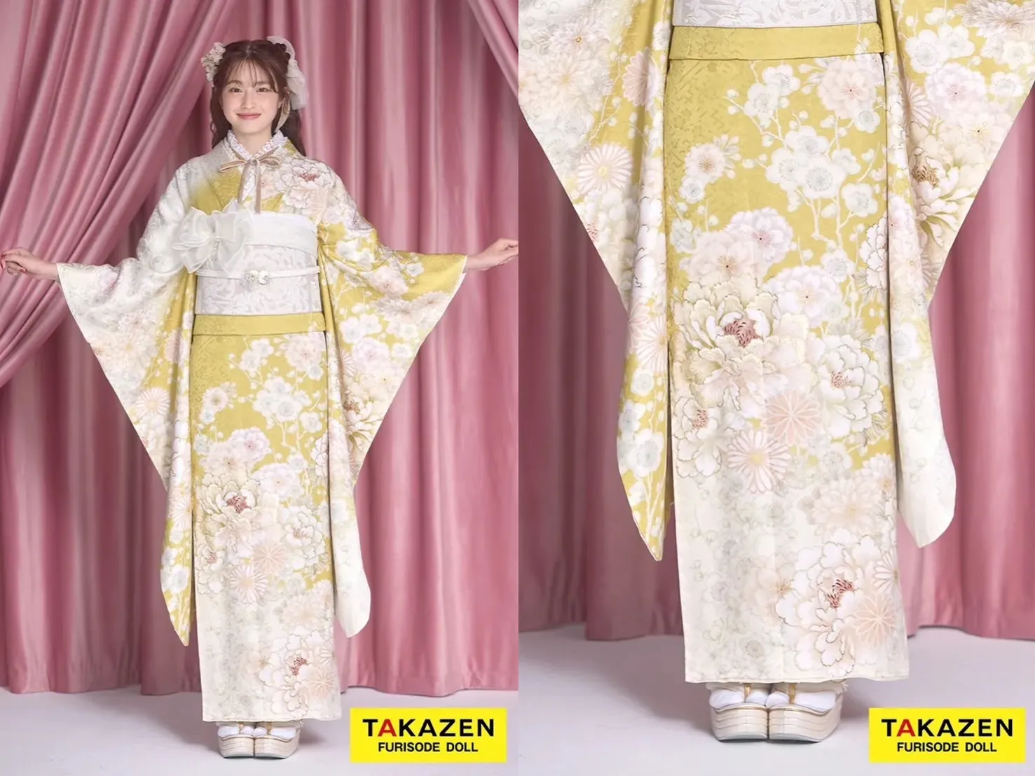 振袖 レンタル 奈良 振袖安い 最新作くすみカラーガーリー 黄色/ビタミンカラー/淡い色 牡丹柄 かわいい レース小物コーデ トレンド振袖 葛西杏也菜【通販可】26059