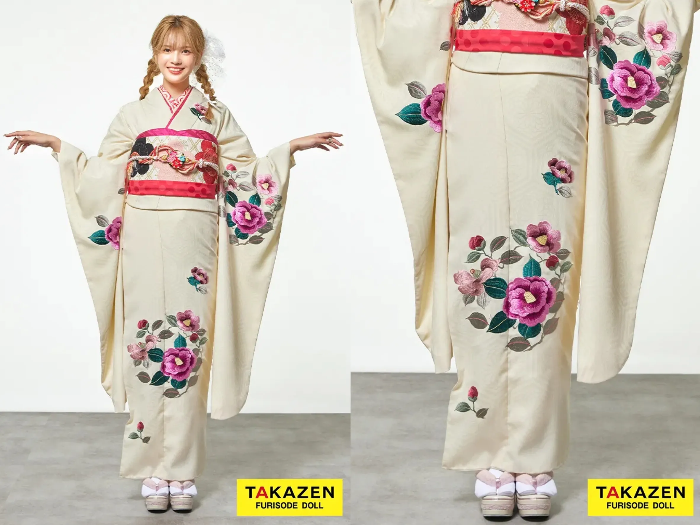 振袖　レンタル　奈良　帯　可愛い　アレンジ　華やか　綺麗　格安モード系　白/金　牡丹柄　桂由美デザイン振袖　かっこいい　派手　目立つ　渋い　キラキラスワロフスキー付き【通販可】32122　格安大正ロマン　白/ピンク　椿柄刺繍　シンプル　すっきり　柄少なめ　はんなり　古風【通販可】22034