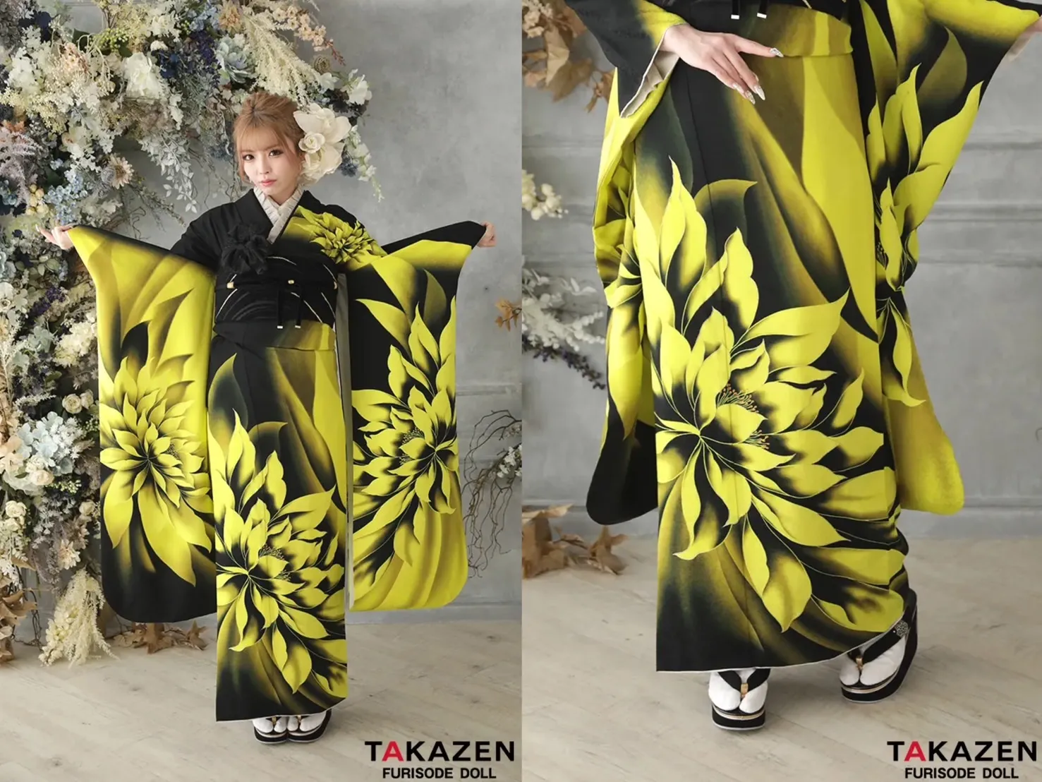 振袖 レンタル 奈良 安い!モード系 黒/黄色/蛍光色 蓮柄/大柄 かっこいい シンプルギャル振袖 クール ゴージャス 目立つ 高身長さんにおすすめ