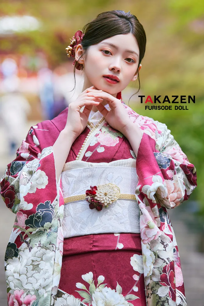 TAKAZENのレンタル振袖 正統派古典　ワインレッド/エンジ　鶴柄/乱菊　大人っぽい　綺麗系　華やか　清楚　美しい【通販可】LB45　