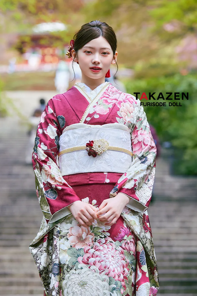 TAKAZENのレンタル振袖 正統派古典　ワインレッド/エンジ　鶴柄/乱菊　大人っぽい　綺麗系　華やか　清楚　美しい【通販可】LB45　