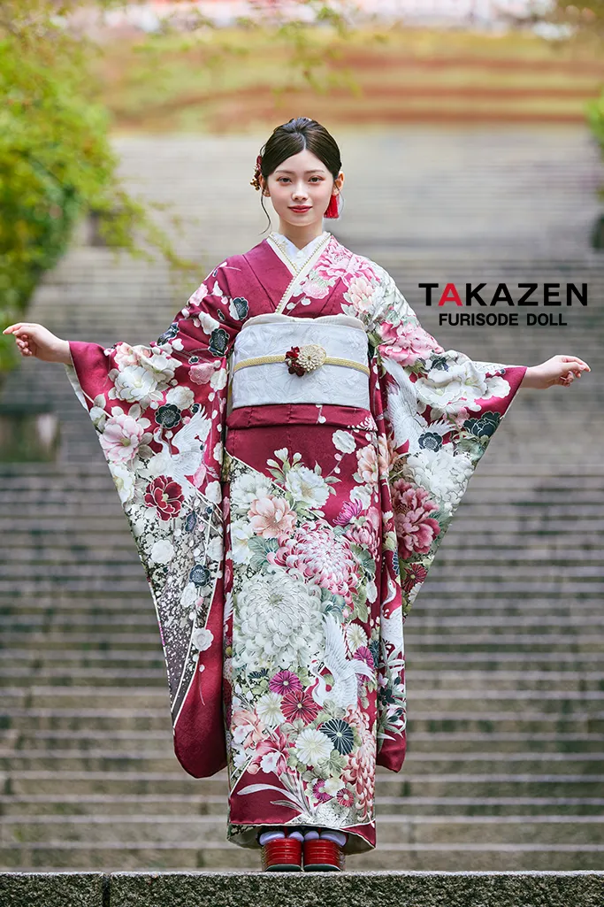 TAKAZENのレンタル振袖 正統派古典　ワインレッド/エンジ　鶴柄/乱菊　大人っぽい　綺麗系　華やか　清楚　美しい【通販可】LB45　