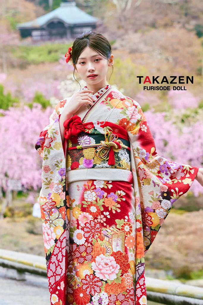 TAKAZENのレンタル振袖 正統派古典　白赤　IKKO振袖　牡丹柄/御所車　定番人気　綺麗　華やか　清楚　美しい　上品【通販可】LB46