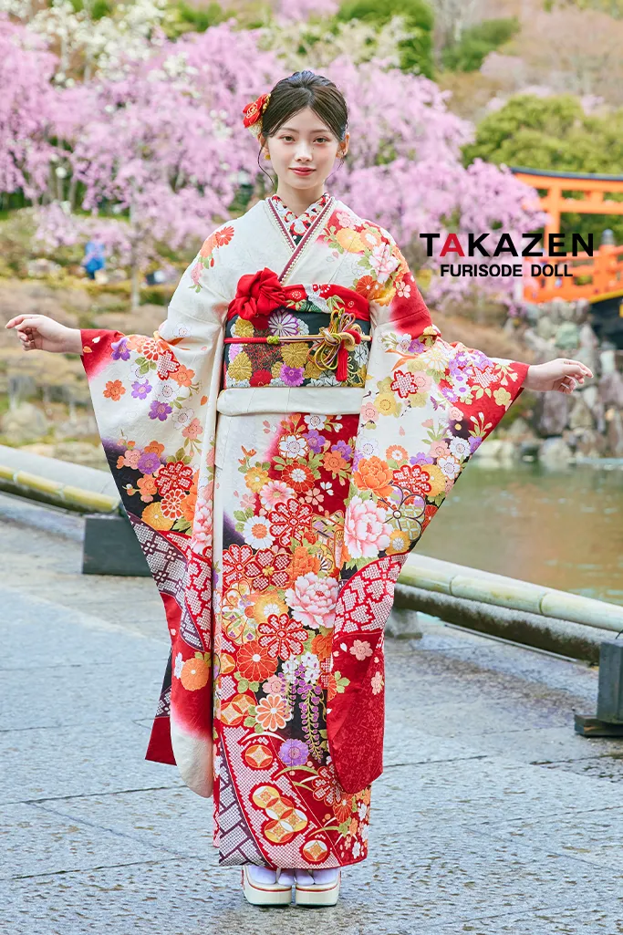 TAKAZENのレンタル振袖 正統派古典　白赤　IKKO振袖　牡丹柄/御所車　定番人気　綺麗　華やか　清楚　美しい　上品【通販可】LB46