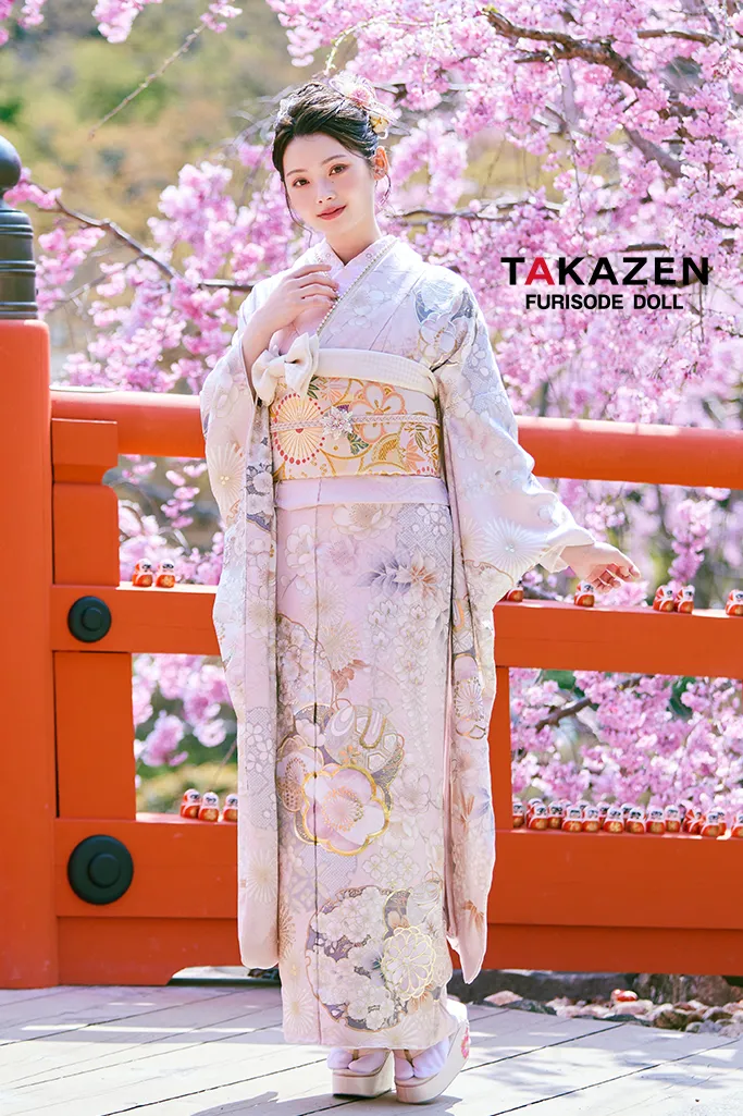 TAKAZENのレンタル振袖 正統派古典　ピンク/淡い色　かわいい振袖　桜柄/打ち出の小槌　はんなり　上品　きれいめ【通販可】LB47