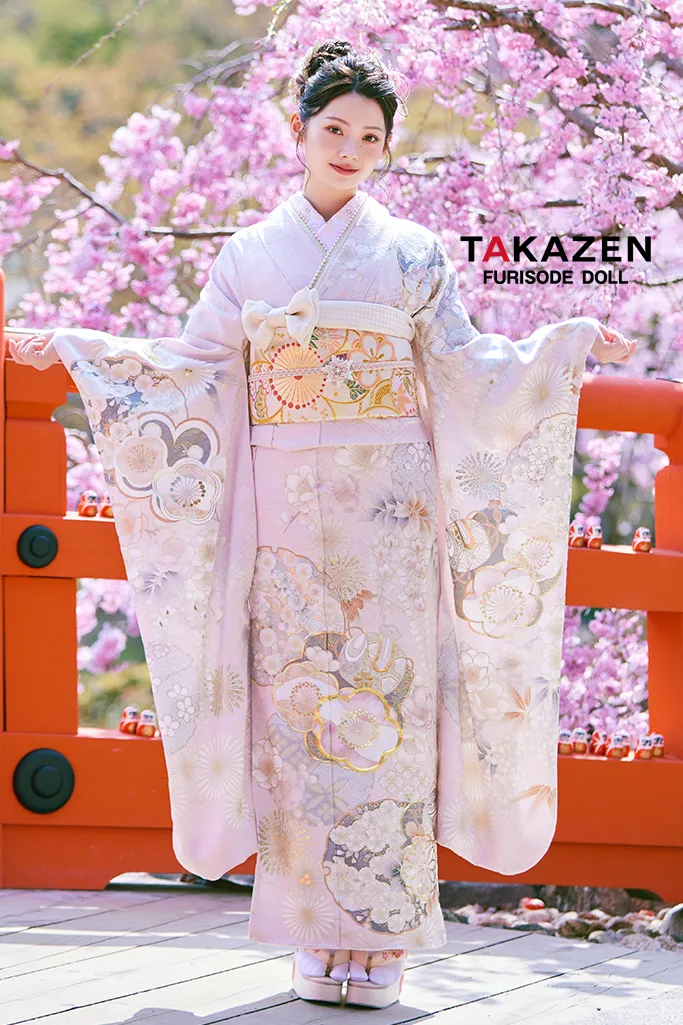 TAKAZENのレンタル振袖 正統派古典　ピンク/淡い色　かわいい振袖　桜柄/打ち出の小槌　はんなり　上品　きれいめ【通販可】LB47