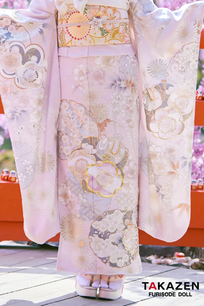 TAKAZENのレンタル振袖 正統派古典　ピンク/淡い色　かわいい振袖　桜柄/打ち出の小槌　はんなり　上品　きれいめ【通販可】LB47
