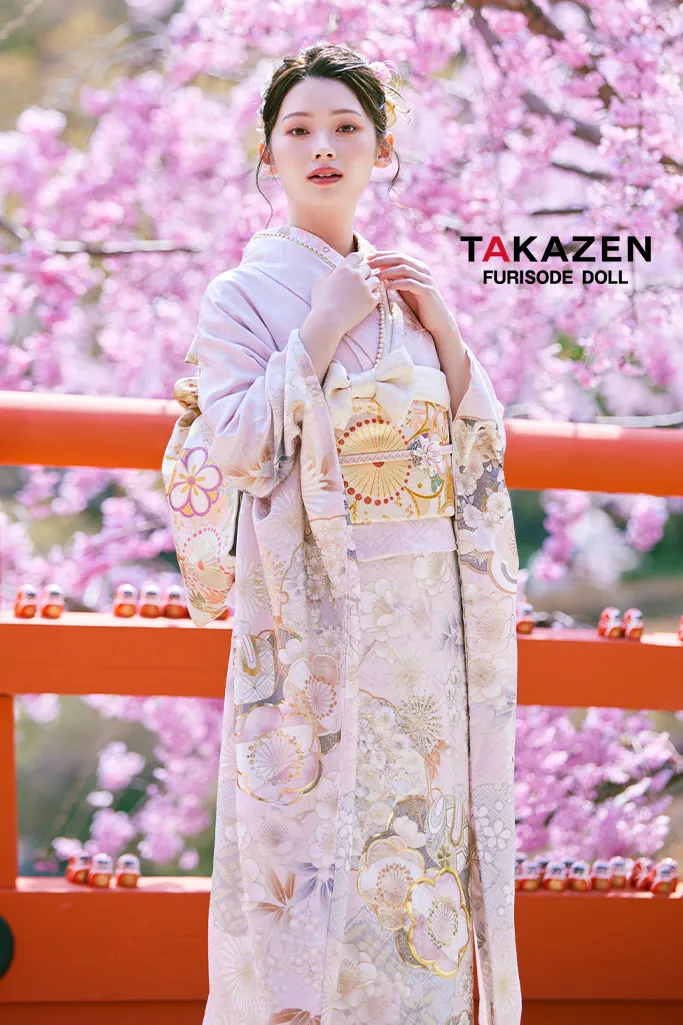 TAKAZENのレンタル振袖 正統派古典　ピンク/淡い色　かわいい振袖　桜柄/打ち出の小槌　はんなり　上品　きれいめ【通販可】LB47
