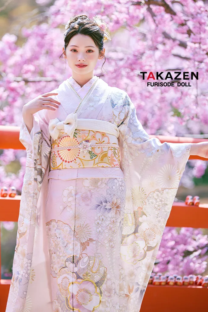 TAKAZENのレンタル振袖 正統派古典　ピンク/淡い色　かわいい振袖　桜柄/打ち出の小槌　はんなり　上品　きれいめ【通販可】LB47
