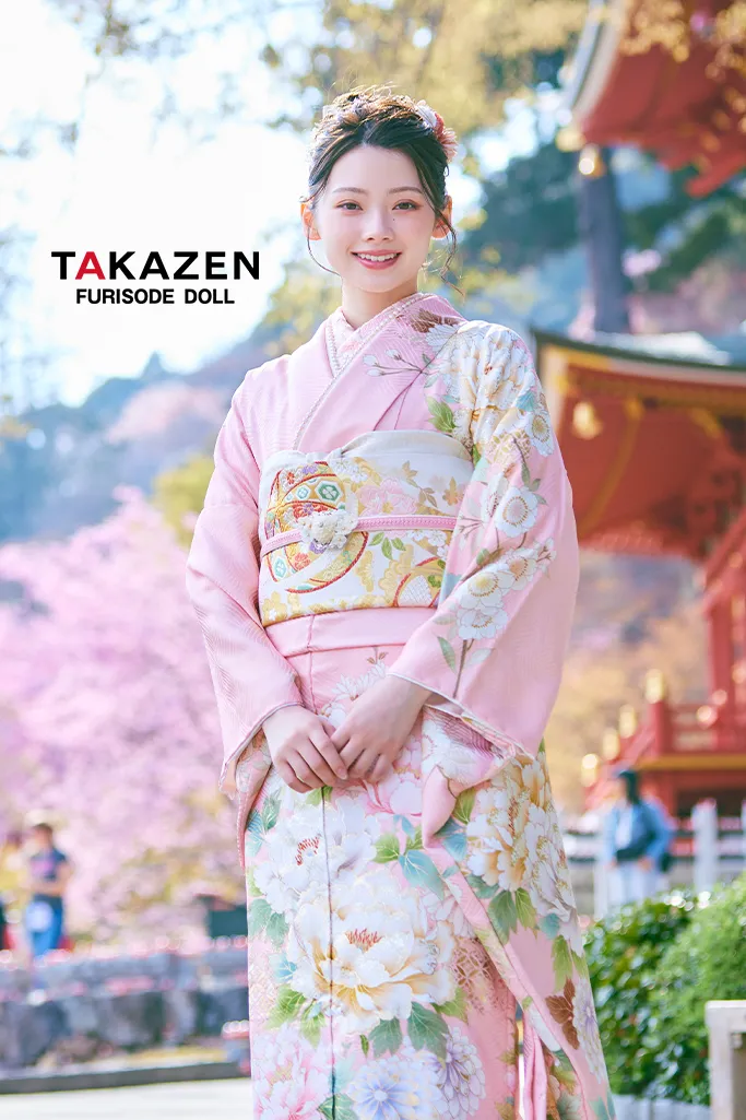 TAKAZENのレンタル振袖 正統派古典　ピンク/淡い色　牡丹柄　はんなり　上品　綺麗系　大柄　かわいい振袖【通販可】LB48