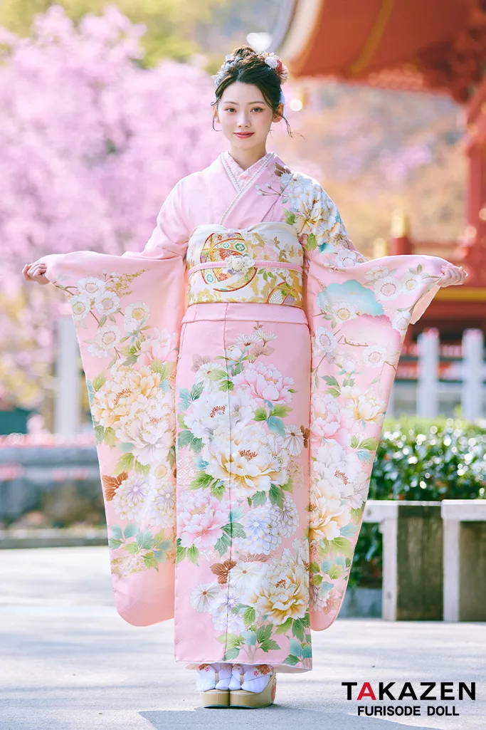 TAKAZENのレンタル振袖 正統派古典　ピンク/淡い色　牡丹柄　はんなり　上品　綺麗系　大柄　かわいい振袖【通販可】LB48