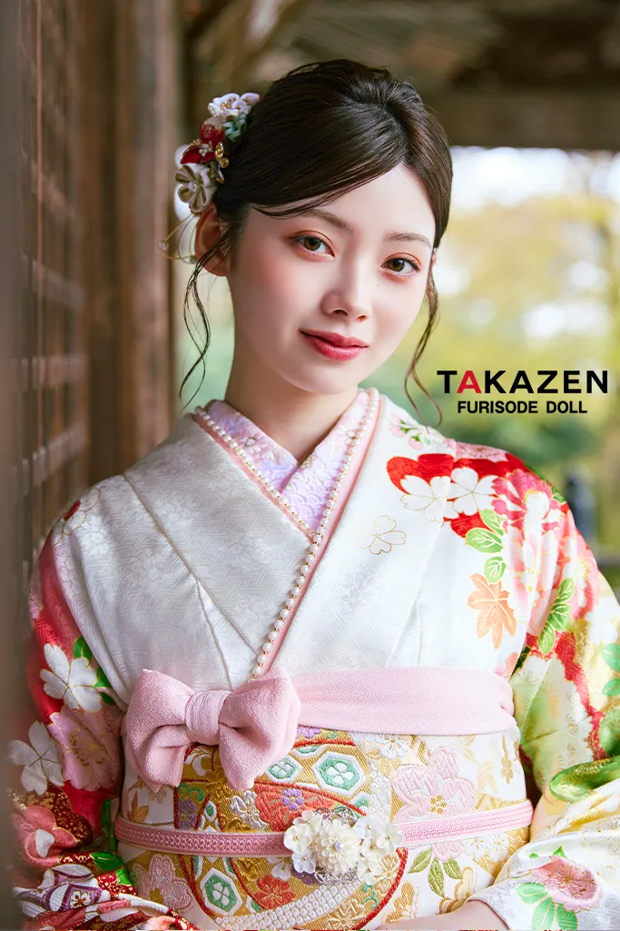 TAKAZENのレンタル振袖 正統派古典　白/赤/白地　牡丹柄　はんなり　上品　きれいめ振袖　おしとやか　清楚【通販可】LB49