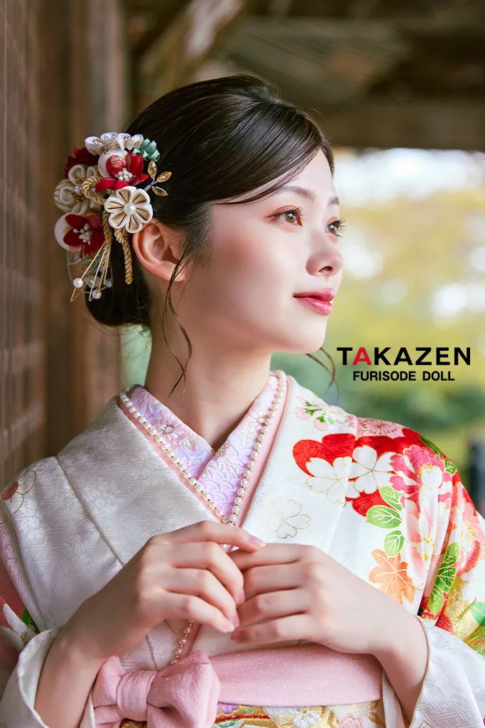 TAKAZENのレンタル振袖 正統派古典　白/赤/白地　牡丹柄　はんなり　上品　きれいめ振袖　おしとやか　清楚【通販可】LB49