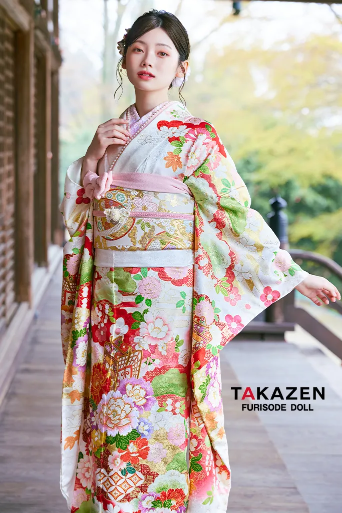 TAKAZENのレンタル振袖 正統派古典　白/赤/白地　牡丹柄　はんなり　上品　きれいめ振袖　おしとやか　清楚【通販可】LB49