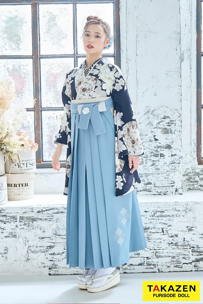 TAKAZENのレンタル袴 正統派古典　ネイビー/紺色　上品　綺麗　寒色系　おしゃれ　今どき【通販可】R26026
