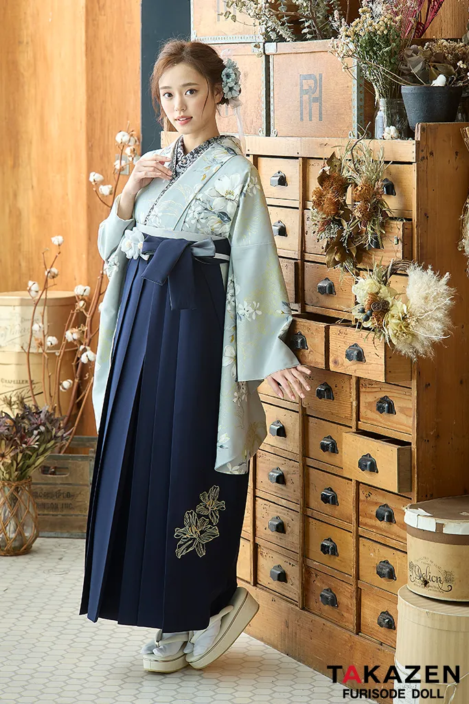 TAKAZENのレンタル袴 くすみカラーガーリー　水色/くすみ系　イマドキ　かわいい　清楚　綺麗系【通販可】R26030