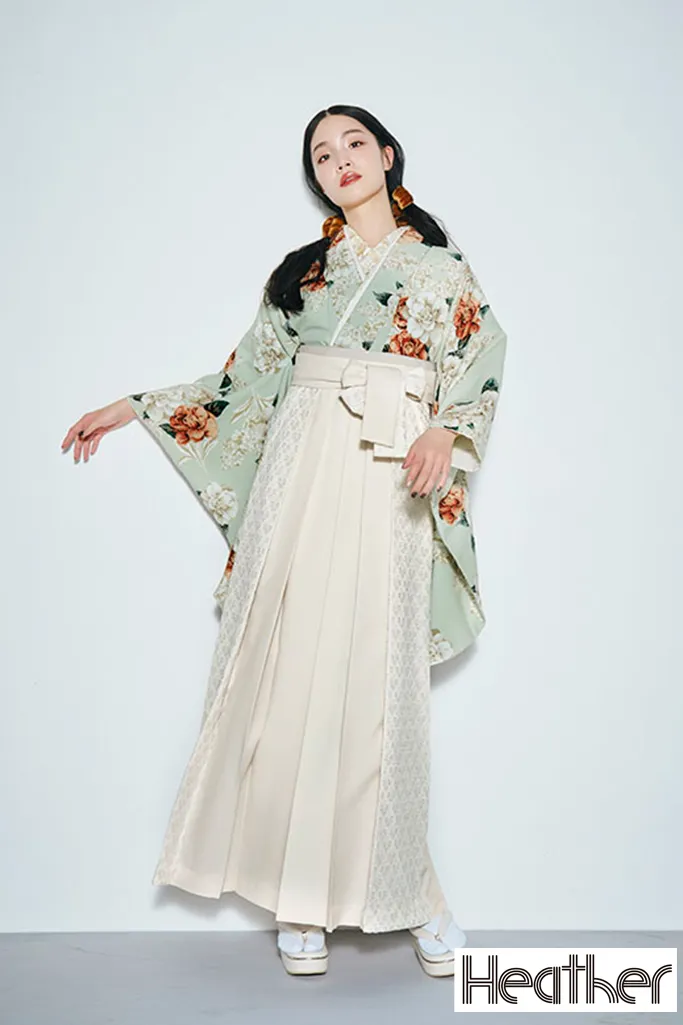 TAKAZENのレンタル袴 Heatherブランド袴　ミントグリーン　椿柄　アンティーク調　かわいい　フェミニン　おしとやか　レース素材袴【通販可】R26044