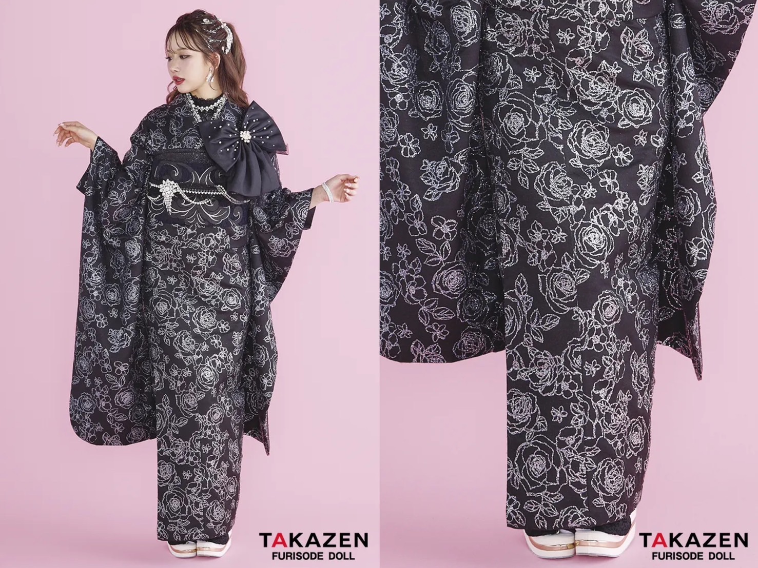 振袖 レンタル 奈良 ヘップバーンシュシュ 黒/オールブラック バラ柄 グリッター リボン付き キラキラ振袖 ギャル 派手 かわいい キャバ嬢 レースインナーコーデ 伊藤桃々【通販可】25010
